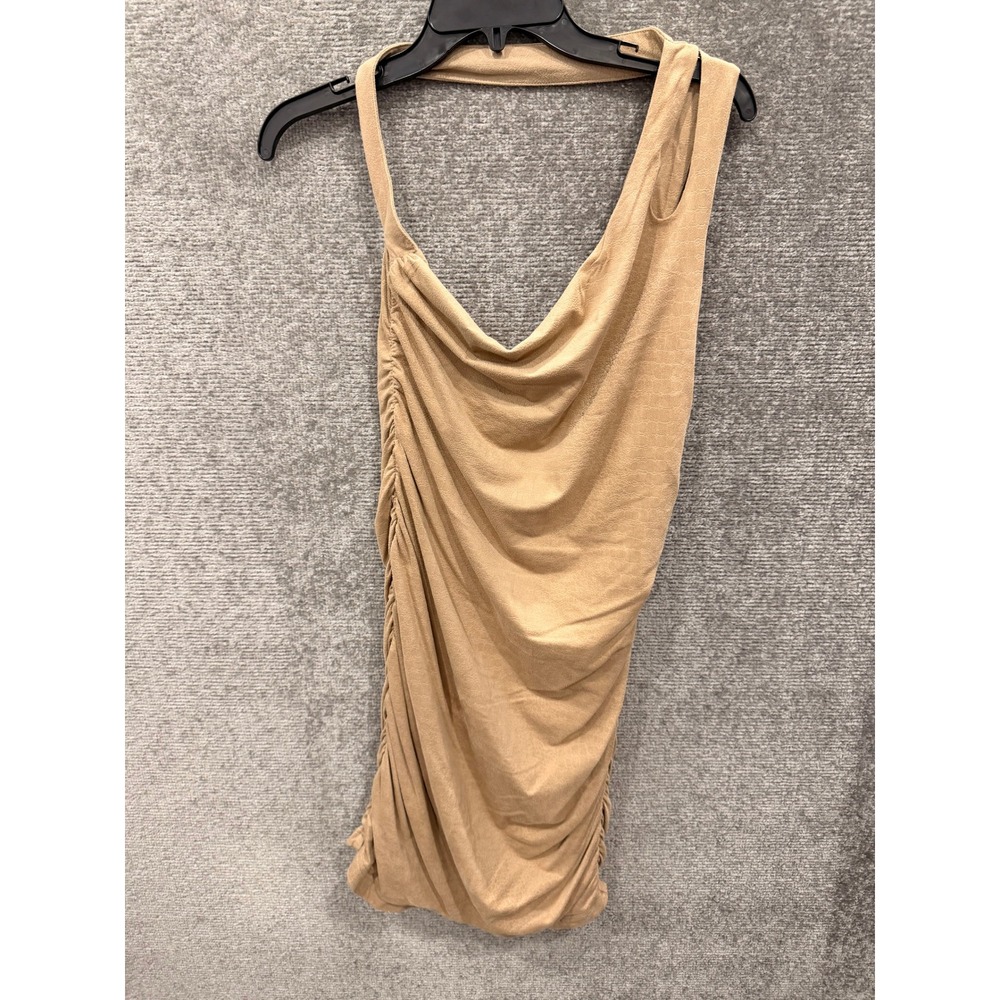 Bebe Women Dress L Tan Ruched Bodycon One Shoulder Cowl Neck Sleeveless